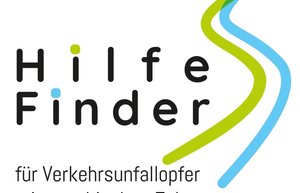 Auf dem Logo der Webseite ist links das Wort Hilfefinder abgebildet, rechts daneben sind zwei kurvige Linien , eine in hellgrün, eine in hellblau. Unter dem Schriftzug steht der "für Verkehrsunfallopfer mit psychischen Folgen".