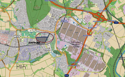 Bild 2: Lage im Straßennetz: T-förmiger Hauptverkehrsstraßenzug mit zentraler Funktion für die Erschließung des innerstädtischen Geschäftszentrums von Baunatal