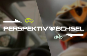 Die Seite eines Autos und ein Fahrradhelm im Hintergrund, davor der Schriftzug Perspektivwechsel