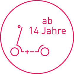 Piktogramm mit E-Scooter und Text ab 14 Jahre