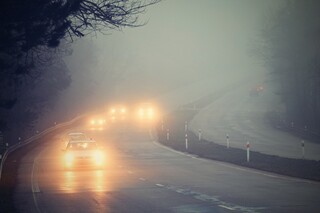 Mehrere Autos fahren durch dichten Nebel. Die Nebellichter ihrer Autos sind angeschaltet.