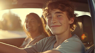 Driving instructor. A happy teenager rides his mom in the passenger seat of a car. Mom teaches her son to drive a car