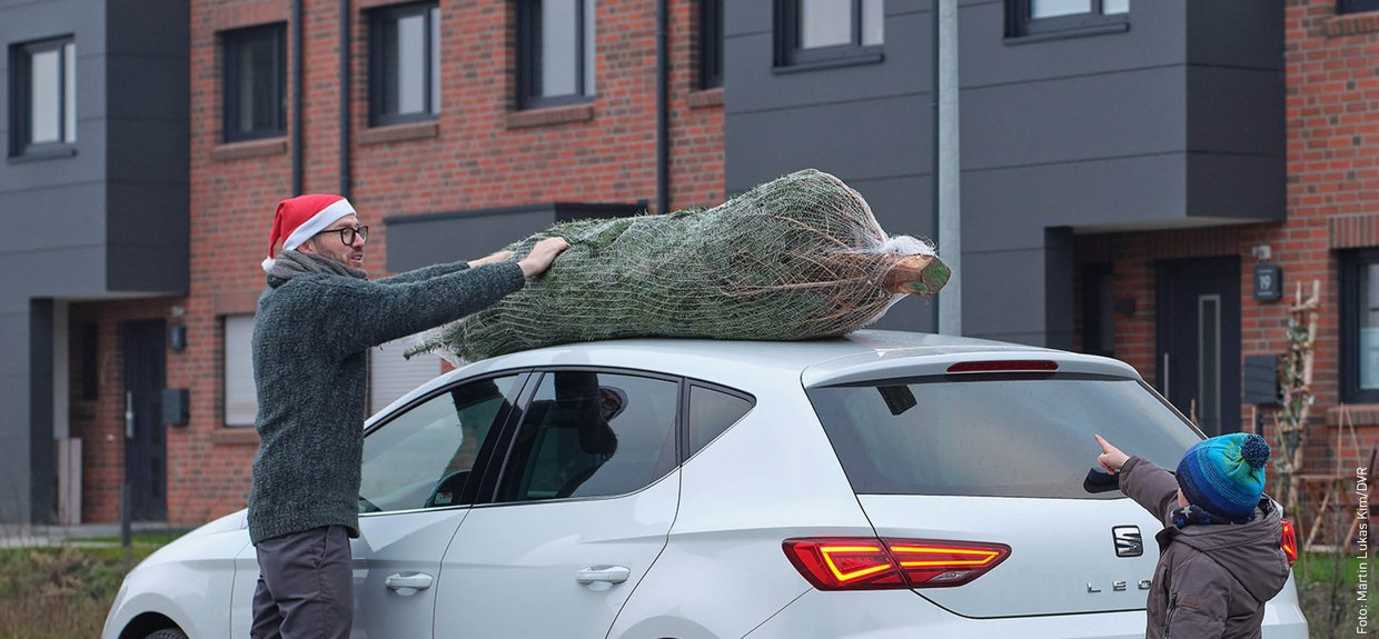 Ein Tannenbaum liegt auf dem Dach eines Autos