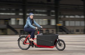 Frau fährt ein Lastenrad, Seitenansicht
