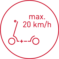 Piktogramm mit E-Scooter und Schrift: max. 20 km/h