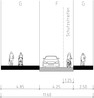 Bild 8: Typische Straßenquerschnitte: nachher schmale Fahrbahn in Einbahnrichtung mit entgegengerichtetem Schutzstreifen für Radfahrende und asymmetrische Seitenraumbreiten
