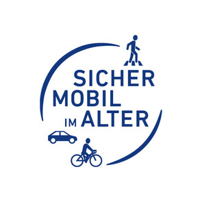 Logo "Sicher Mobil im Alter". Zeigt ein Fahrrad, ein Auto und einen Zu Fuß Gehenden.