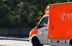 Ein Rettungswagen fährt mit Blaulicht über eine Straße. Die Bäume im Hintergrund sind aufgrund der Geschwindigkeit verwischt.