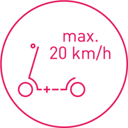 Piktogramm mit E-Scooter und Schrift: max. 20 km/h