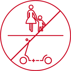 Piktogramm eines E-Scooter und zweier Fußgänger. Beide sind durchgestrichen