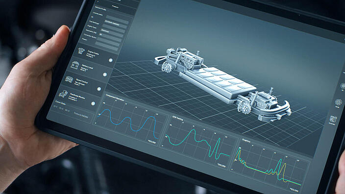 Application for a digital tablet for wireless diagnostics and analysis of the technical condition of the electric motor in the car and the state of the battery. Car model shown in 3D projection 
