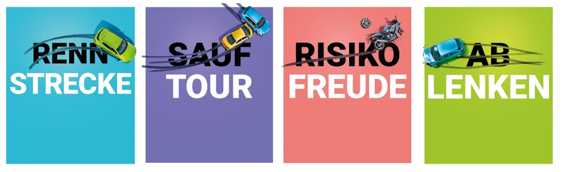 Vier Plakatmotive der Landstraßen-Kampagne: Rennstrecke, Sauftour, Risikofreude, Ablenken