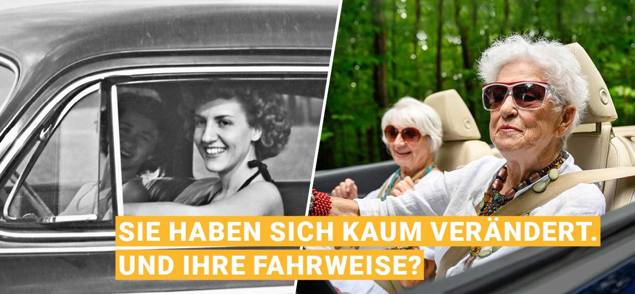 Rückmeldefahrt Banner Unterseite Zwei Damen fahren im Auto, in der Vergangenheit und in der Aktualität
