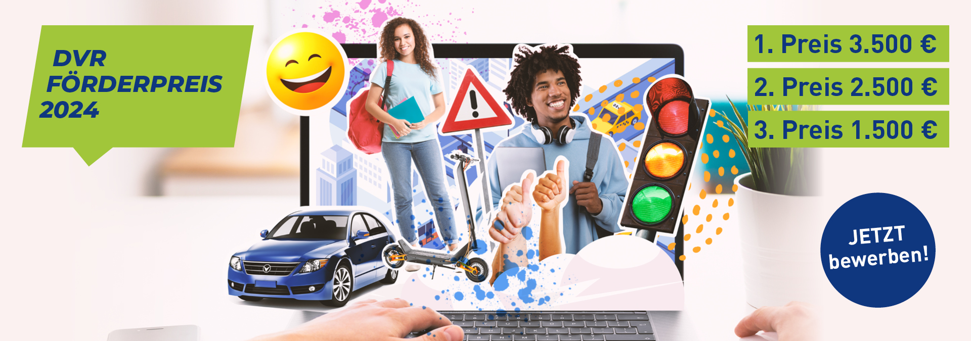 Buntes Sharepic zum Förderpreis: Man kann 3.500, 2.500 und 1.500 Euro gewinnen