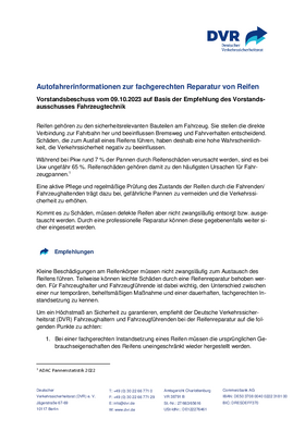 Vorschaubild der PDF-Datei Vorstandsbeschluss: Autofahrerinformationen zur fachgerechten Reparatur von Reifen