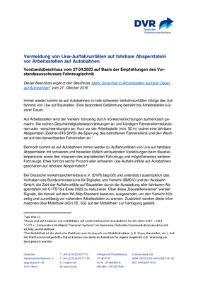 Vorschaubild der PDF-Datei Beschluss: Vermeidung von Lkw-Auffahrunfällen auf fahrbare Absperrtafeln vor Arbeitsstellen auf Autobahnen