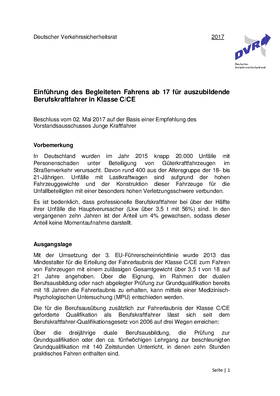 Vorschaubild der PDF-Datei Einführung des Begleiteten Fahrens ab 17 für auszubildende Berufskraftfahrer in Klasse C/CE