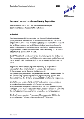 Vorschaubild der PDF-Datei Beschluss: Lessons Learned zur General Safety Regulation