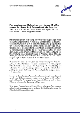 Vorschaubild der PDF-Datei Fahrausbildung und Fahrerlaubnisprüfung auf Kraftfahrzeugen der Klasse B mit Automatikgetriebe